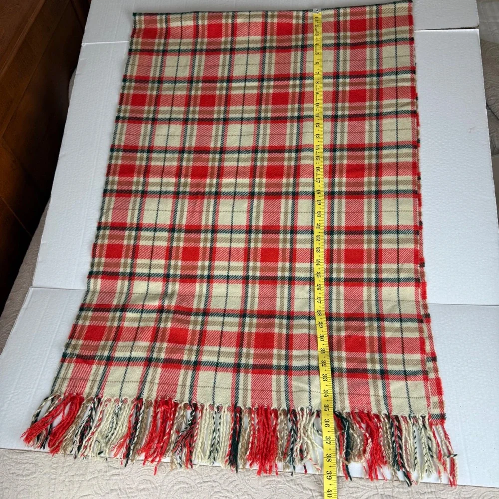 J. Crew Plaid Scarf‎ Orange Cream Green Fringe 25 x 70 Preppy
